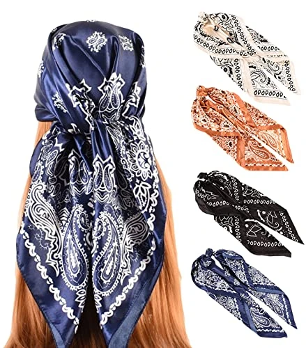 Women's Satin Head Scarf Large Square Scarves & Wraps Floral Silk Scarf Paisley Flower Print Scarf Printed Silky Scarf Silk Bandanas for Women UK Hair Sleeping Black White Coffee Navy Blue 90x90