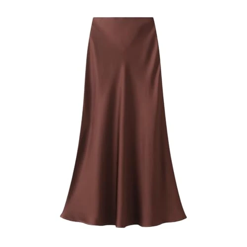 Women's Satin High Waist Skirt,Silk Skirts for womenSummer Casual Sexy Midi Length Elastic Skirt (Caramel,XL)