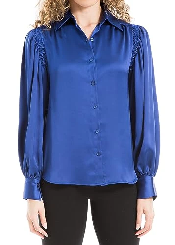 Women's Satin Long Sleeve Button Blouse, Blue, L