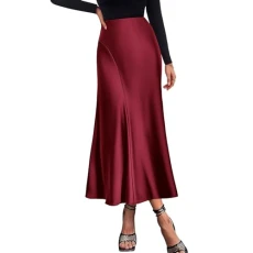 Women's Satin Midi Skirts 2024 Summer High Waisted A Line Elegant Cocktail Party Long Silk Skirt Short Tight Skirts for Teens (Wine, M)