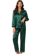 Women's Satin Night Suits Sleepwear Christmas Button Down Pjs with Pants Silky Lounge Pajama Set Dark Green M