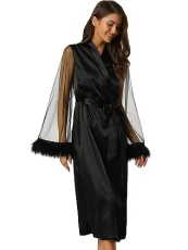 Womens Satin Robe Feather Trim Bridesmaid Bathrobe Mesh Long Sleeve Bridal Party Sleepwear Black M