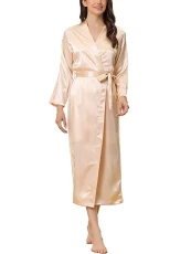 Womens Satin Robe Lace Trim Long Sleeve Dressing Gown Bathrobe Bridesmaid Wedding Bride Robe Champagne XL