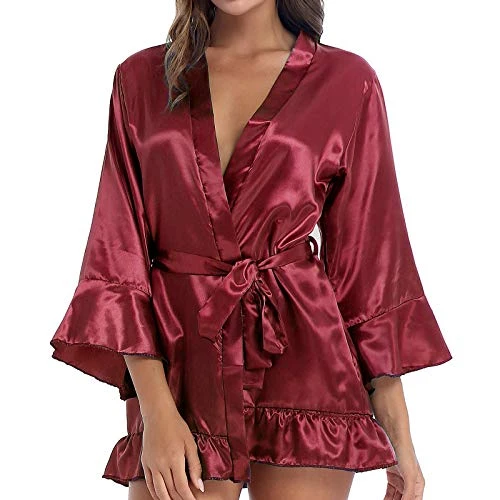 Women's Satin Robe Short Kimono Bridesmaids Wedding Party Pajamas Bathrobe with Belt G-String Burgundy M