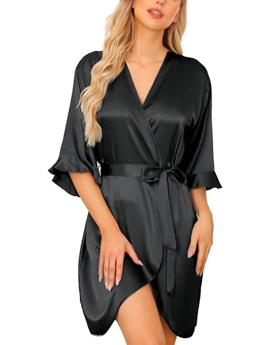 Women's Satin Robe Summer Silk Dressing Gowns Soft Wedding Party Bathrobe 3/4 Sleeve Sleepwear with V-Neck，L，Black,Black,L