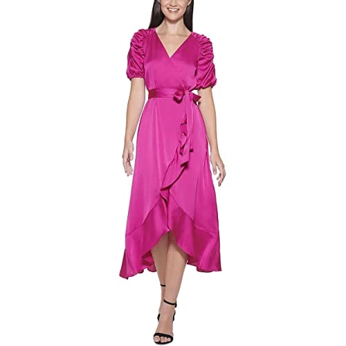Womens Satin Ruffled Wrap Dress Pink 6