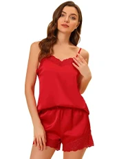 Women's Satin Sexy Lingerie Lace Trim Cami Tops Shorts Sleepwear Pajamas Sets Red L