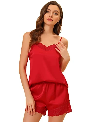 Women's Satin Sexy Lingerie Lace Trim Cami Tops Shorts Sleepwear Pajamas Sets Red L