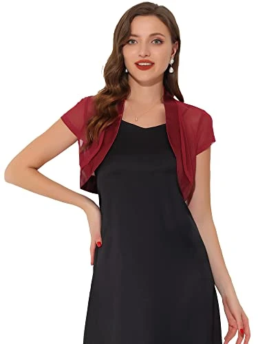 Women's Satin Shrug Bolero Cap Sleeve Business Open Front Crop Cardigan Burgundy 8