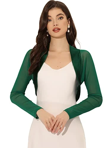 Women's Satin Shrugs Elegant Mesh Panel Sleeve Open Front Party Crop Cardigan Dark Green L