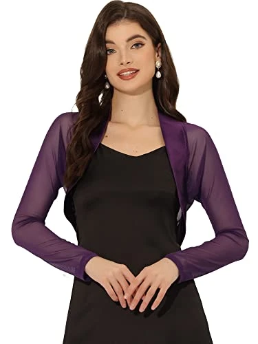 Women's Satin Shrugs Elegant Mesh Panel Sleeve Open Front Party Crop Cardigan Dark Purple M