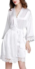 Women's Satin Silk Bathrobe Kimono Robe Bridesmaids Robe (One Size, White)