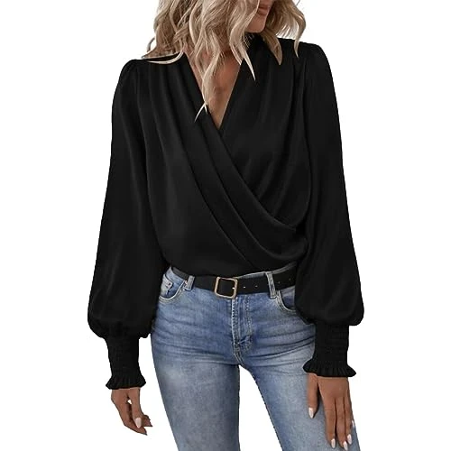 Womens Satin Silk Blouses Elegant Casual Long Sleeve Sexy Deep V Neck Evening Party Wrap Tops Flatte