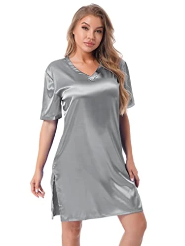 Women's Satin Silky Sleep Shirt V Neck Short Sleeve Nightdress Pajamas Casual Loungewear Grey XXL