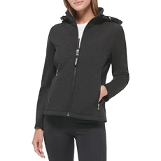 Women's Scuba Sleeve Quilted Jacked with Detachable Hood Jacket, Black, L