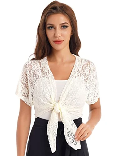 Women's See Through Floral Lace Cape Shawl Short Sleeve Bolero Shrug Cardigan Cropped Top Cover Up B