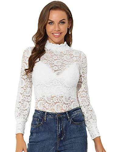 Women's See Through Stretch Tops Smocked High Neck Long Sleeve Lace Blouse White S