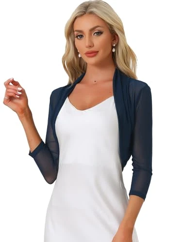 Women's Semi Sheer Mesh Cardigan Elegant 3/4 Sleeves Stretchy Bolero Shrug Navy Blue L