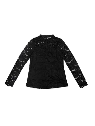 Women's Semi-Transparent Lace Blouse Long Sleeve Crew Neck Work Casual Vintage Top Tops, black, L