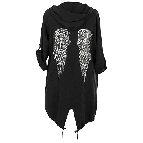Womens Sequin Angel Wings Back Baggy Oversized Hoodie Cardigan Jacket Sweatshirt Top Size 8 Black