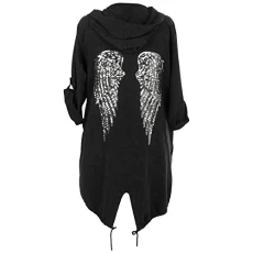 Womens Sequin Angel Wings Back Baggy Oversized Hoodie Cardigan Jacket Sweatshirt Top Size 8 Black