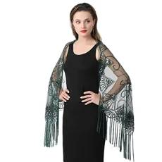Women's Sequin Shawl Stole Scarf with Fringe Soft Mesh Tassels Wraps for Wedding Bridal Bridesmaids Evening Party Prom Dresses - Dark Green