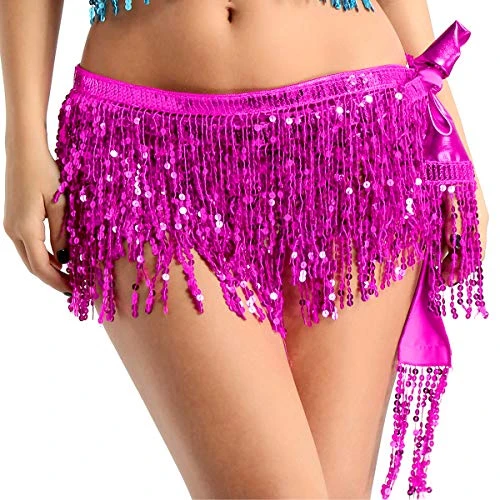 Women's Sequin Shiny Belly Dance Hip Scarf Performance Skirt Festival Tassel Skirt Rose Red One Size