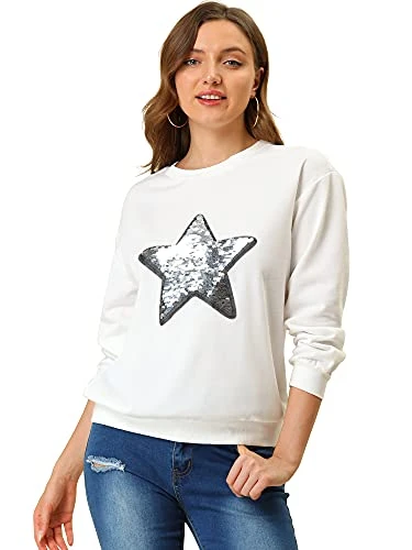 Women's Sequin Shiny Star Crew Neck Long Sleeve Sweatshirt Top, White, XS