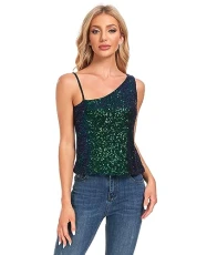 Women's Sequin Top One Shoulder Sleeveless Glitter Tops Sparkle Camisole Club Party Blouse