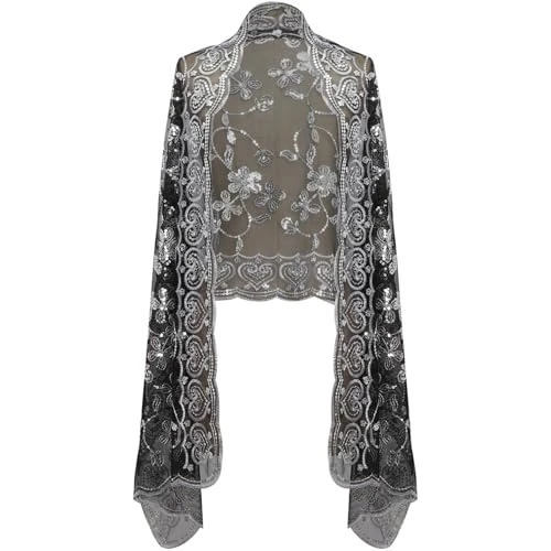 Womens Sequins Mesh Scarf Shawl Vintage Evening Dress Shoulder Shrugs Cape Wedding Pashmina Shawls Wrap Black&Silver One Size