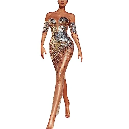 Women's Sequins Off-Shoulder Sexy Mesh Evening Dresses Beaded Sequin Dress Solid Colour Party Evening Gown Cocktail Dresses for Women UK Slim Deep V Neck Prom Dress Elegant Wrap Hip Dress Gold