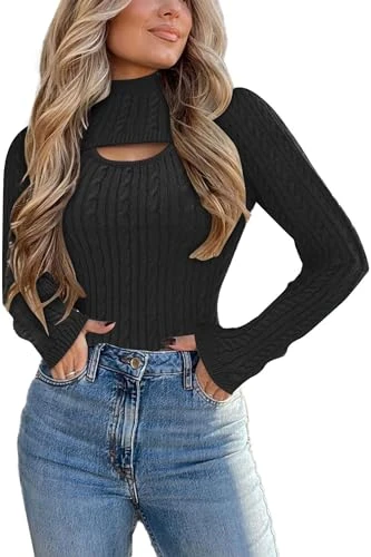 Women's Sexy 2-Piece Cutout Cable Embroidery Pullover Separate Tank Top and Medium Collar Shrug Top 