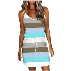 Women's Sexy Beach Dress Fashion Striped Sleeveless Backless Camisole Beach Mini Summer Dress Airy Beach Dresses Women, lightblue, M