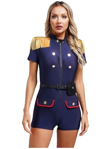 Womens Sexy Cop Policewoman Uniform Short Sleeve Police Leotard Bodysuit Romper with Belt Purse Navy Blue 3XL
