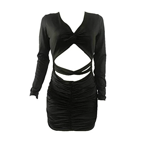 Women's Sexy Deep V Neck Long Sleeve Hollow Out Ruched Bodycon Midi Dress Black XXL