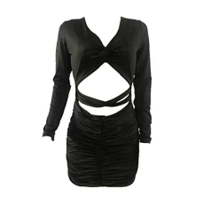 Women's Sexy Deep V Neck Long Sleeve Hollow Out Ruched Bodycon Midi Dress Black XXL