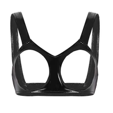 Women's Sexy Faux Leather Open Tip Bra Bralette Wire-Free Unlined Brassiere Black M