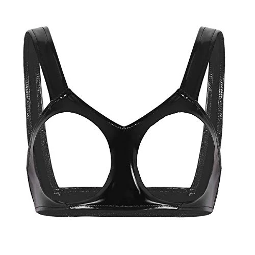 Women's Sexy Faux Leather Open Tip Bra Bralette Wire-Free Unlined Brassiere Black M