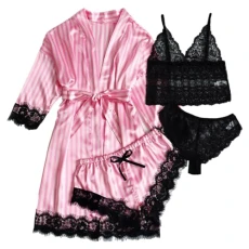 Womens Sexy Floral Lace 4 Pieces Satin Pyjama Set Babydoll Erotic Lingerie Outfit Pink Strap SN070316 XL Womens Sexy Floral Lace 4 Pieces Satin Pyjama Set Babydoll Erotic Lingerie Outfit Pink Strap SN070316 XL