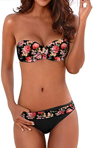 Womens Sexy Halter Twist Bandeau Swimwear 2pcs Bikini Set Padded Swimsuit (S, 1 flower)