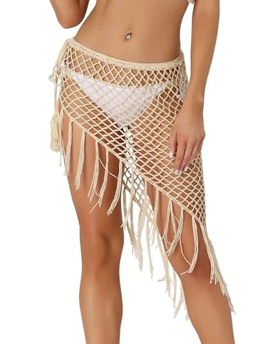 Women's Sexy Hollow Out Tassle Skirts Beach Cover Up Wrap Mesh Sheer Maxi Sarong Swimwear Beige S