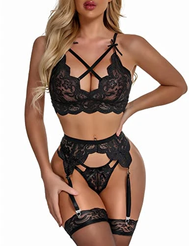 Women's Sexy Lingerie Set with Garter Belt Lace Bra and Panties Set High Waisted Suspenders Lingerie NO Stockings (Black,M)