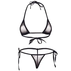 Women's Sexy Mesh Bikini Set Halter Micro Bra Top with Tie Sides Briefs Thongs Swimsuit Black One Size Women's Sexy Mesh Bikini Set Halter Micro Bra Top with Tie Sides Briefs Thongs Swimsuit Black One Size