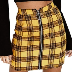 Womens Sexy Party Plaid Zipper Wooden Ear Slim High Waist Hip Short Mini Skirt Elegant Grid Formal Midi Pencil Skirts Yellow