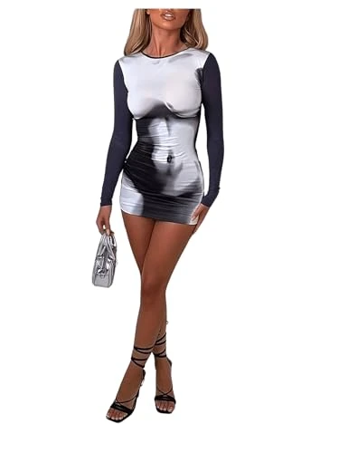 Women's Sexy Printed Bodycon Dress Long Sleeve Crew Neck Mini Dresses Party Clubwear Black and White M