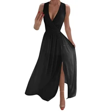 Women's Sexy Sleeveless V Neck Wrap Dress with Slit Fashion Solid Elegant Evening Dinner Wedding Guest Maxi Dresses Black Women's Sexy Sleeveless V Neck Wrap Dress with Slit Fashion Solid Elegant Evening Dinner Wedding Guest Maxi Dresses Black