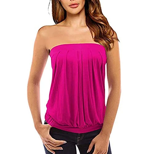 Women's Sexy Strapless Pleated Ruched Vest Bandeau Shirt Ladies Plain Sleeveless Tank Tops Tunic Boob Tube Top Hot Pink
