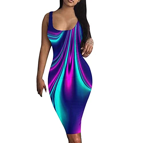 Women's Sexy Summer Dresses Elegant O Neck Print Sleeveless Tank Dress Tight Fitting Club Be