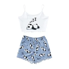 Womens Sexy Suspender Top Shorts Pajama Suit Pattern Printed Two Piece Housewear Womens Long Sleeve Pajama Set White