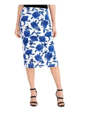 Women's Shadow Floral Printed Moss Crepe Lined Midi Slim Skirt with Side Slits, Mariner Blue Multi-3pr, X-Large